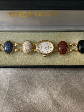 Pedre Women's Gold-Tone Multicolor Scarab Link Watch- Egyptian Good Luck Watch